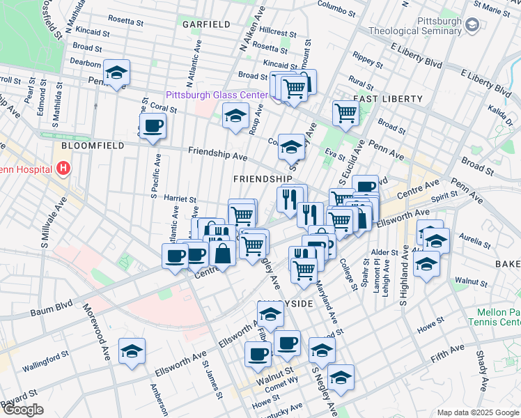 map of restaurants, bars, coffee shops, grocery stores, and more near 358 South Negley Avenue in Pittsburgh
