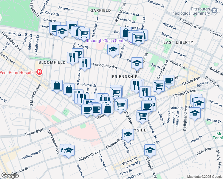 map of restaurants, bars, coffee shops, grocery stores, and more near 373 South Graham Street in Pittsburgh