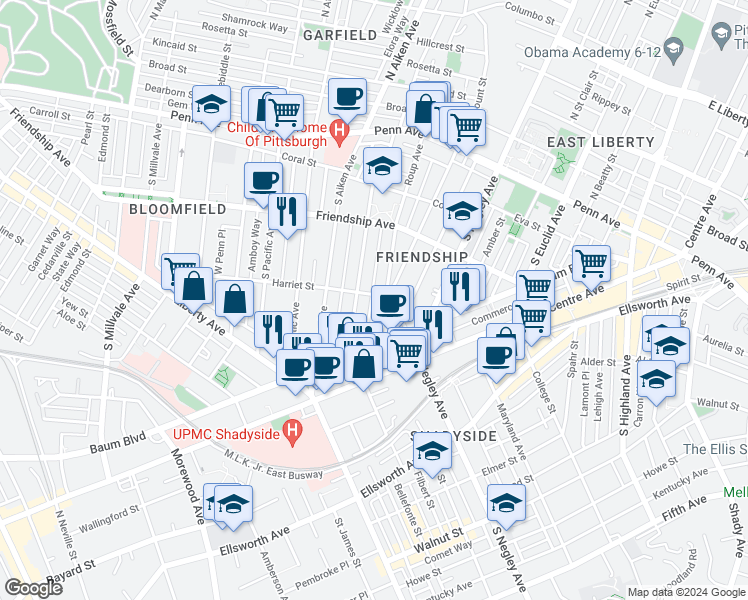 map of restaurants, bars, coffee shops, grocery stores, and more near 373 South Graham Street in Pittsburgh