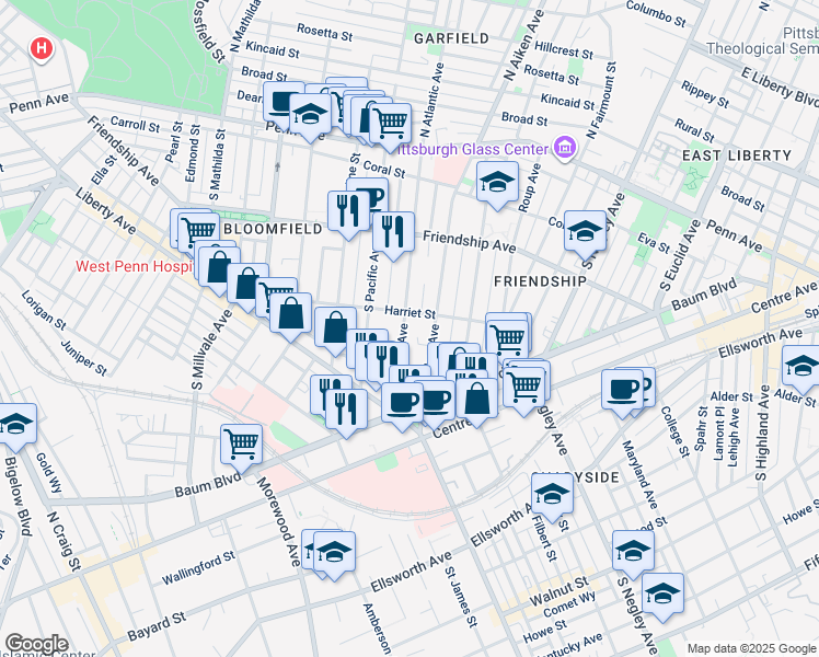 map of restaurants, bars, coffee shops, grocery stores, and more near 402 South Atlantic Avenue in Pittsburgh
