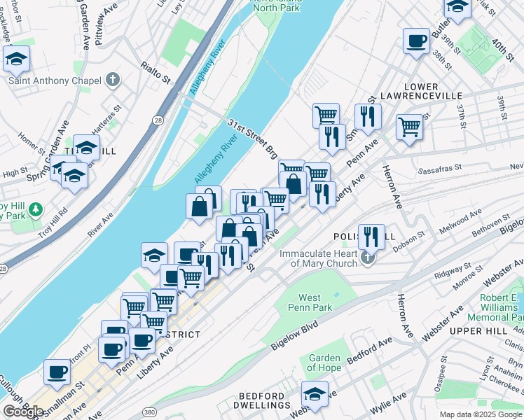 map of restaurants, bars, coffee shops, grocery stores, and more near 2943 Smallman Street in Pittsburgh