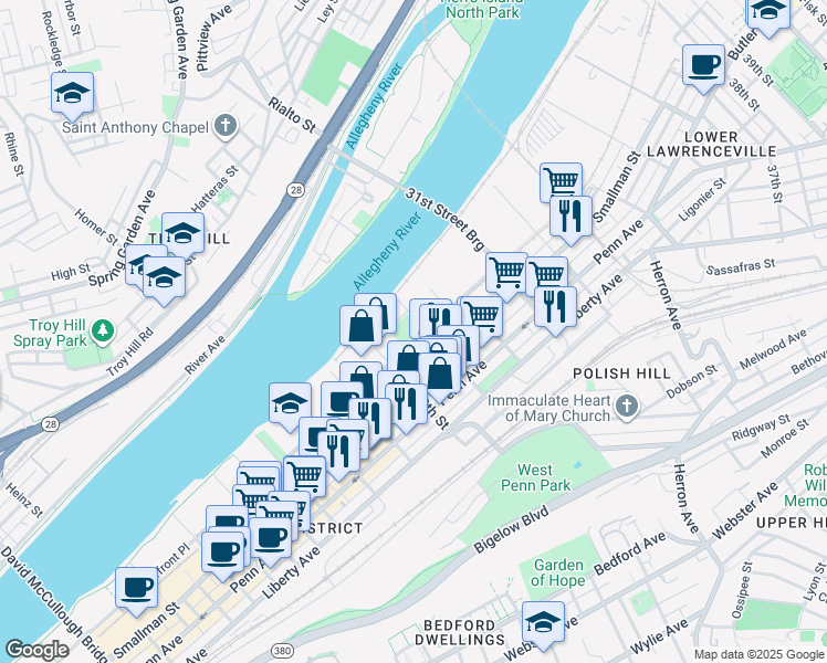 map of restaurants, bars, coffee shops, grocery stores, and more near 2600-2698 29th St in Pittsburgh