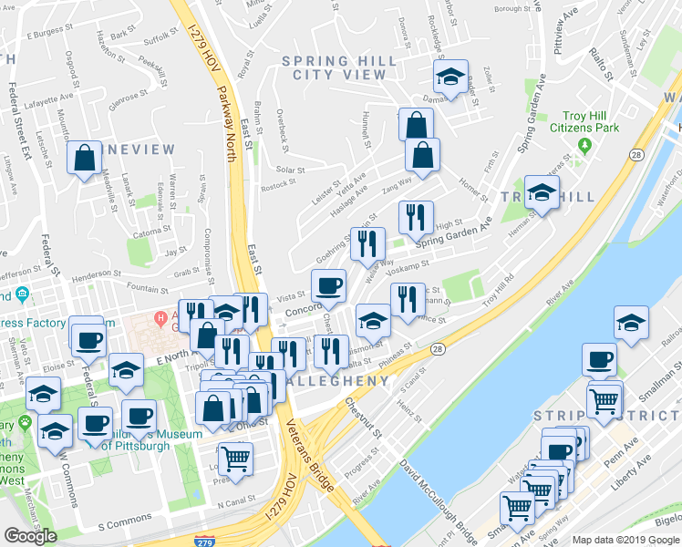 map of restaurants, bars, coffee shops, grocery stores, and more near 946 Itin Street in Pittsburgh