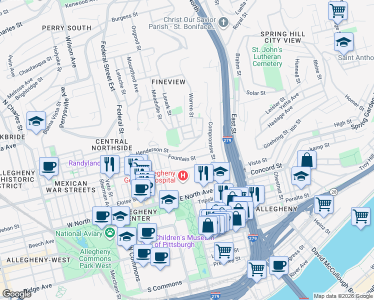 map of restaurants, bars, coffee shops, grocery stores, and more near in Pittsburgh