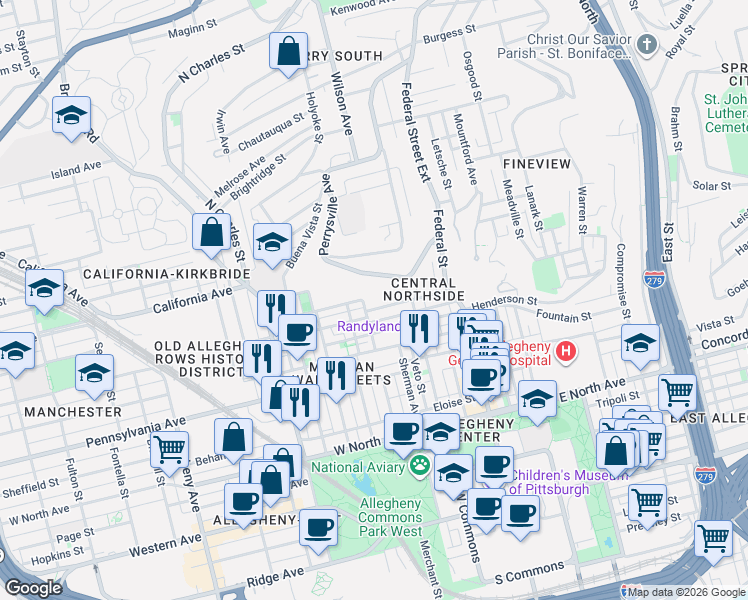 map of restaurants, bars, coffee shops, grocery stores, and more near 240 Jefferson Street in Pittsburgh