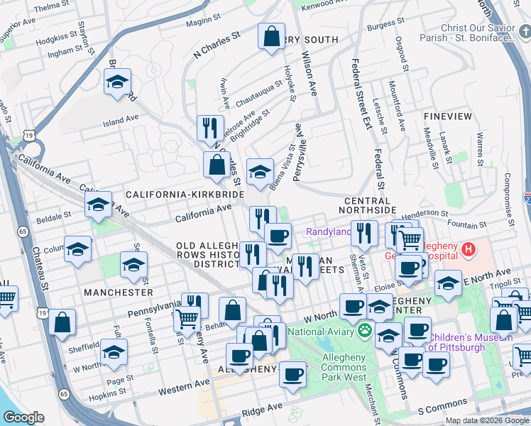map of restaurants, bars, coffee shops, grocery stores, and more near 1726 Brighton Road in Pittsburgh