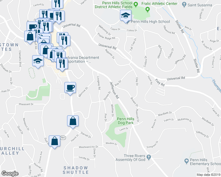 map of restaurants, bars, coffee shops, grocery stores, and more near 560 Jefferson Road in Pittsburgh