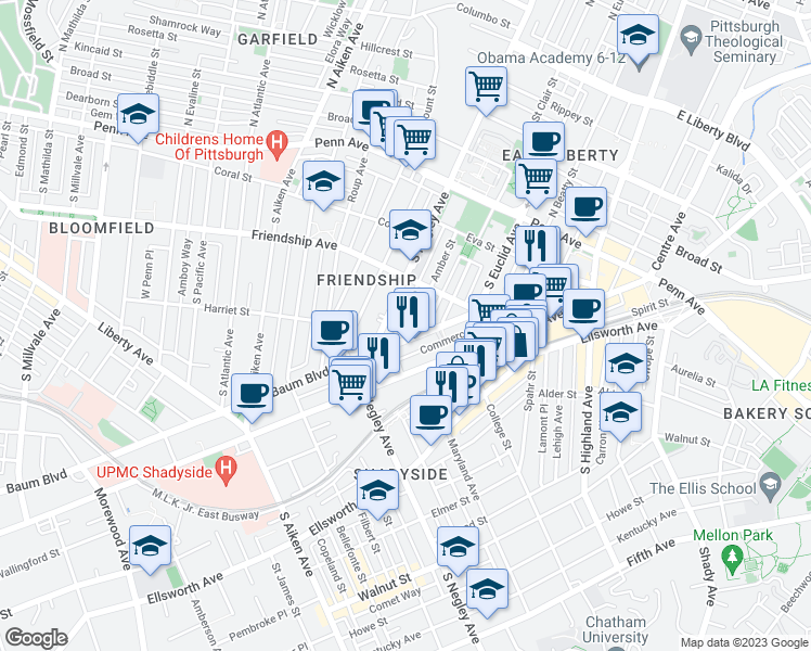 map of restaurants, bars, coffee shops, grocery stores, and more near 328 Amber Street in Pittsburgh