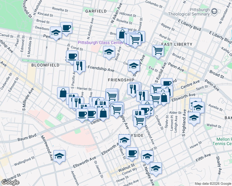 map of restaurants, bars, coffee shops, grocery stores, and more near 375 South Fairmount Street in Pittsburgh