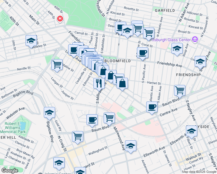 map of restaurants, bars, coffee shops, grocery stores, and more near in Pittsburgh