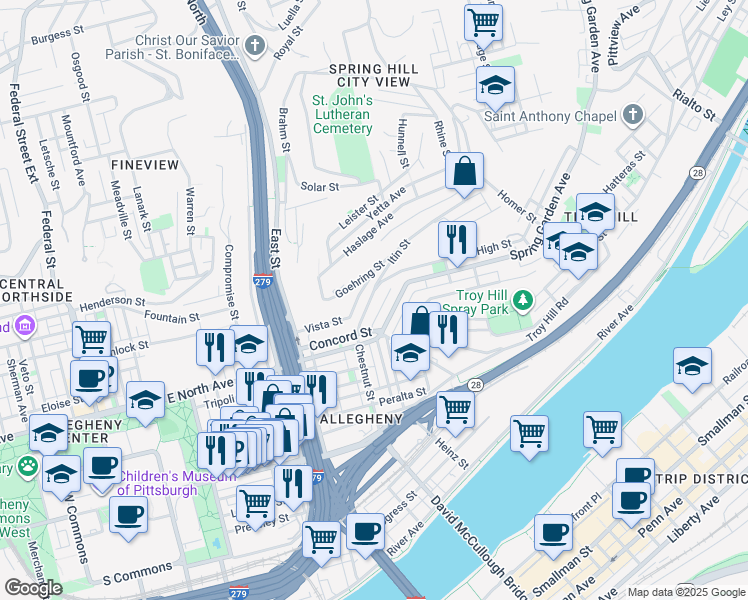 map of restaurants, bars, coffee shops, grocery stores, and more near 946 Itin Street in Pittsburgh