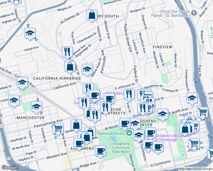 map of restaurants, bars, coffee shops, grocery stores, and more near 504 W Jefferson St in Pittsburgh
