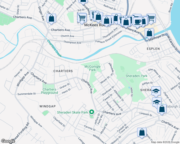 map of restaurants, bars, coffee shops, grocery stores, and more near 1110 Oetting Street in Pittsburgh