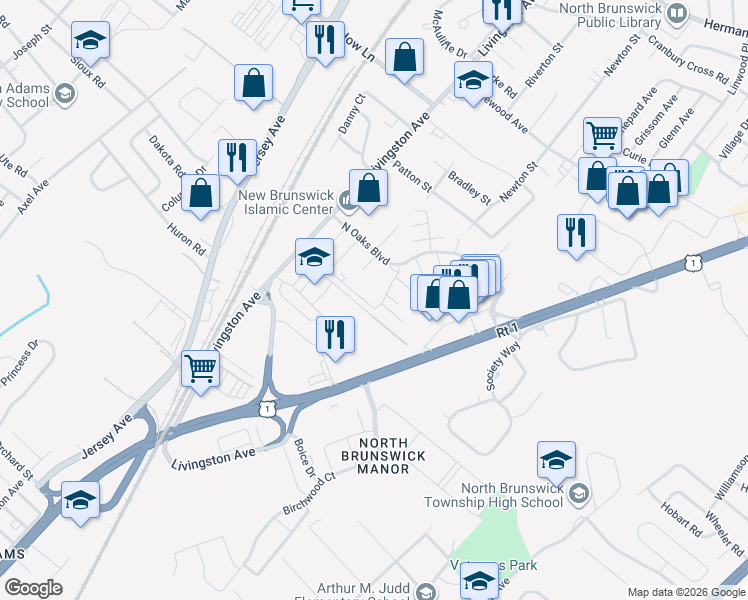 map of restaurants, bars, coffee shops, grocery stores, and more near 1319 North Oaks Boulevard in North Brunswick Township