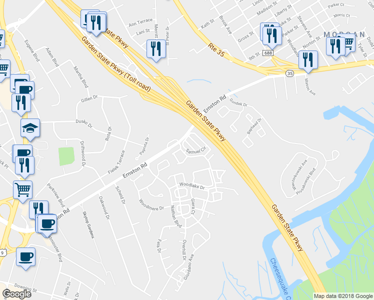 map of restaurants, bars, coffee shops, grocery stores, and more near South Fischer in Sayreville