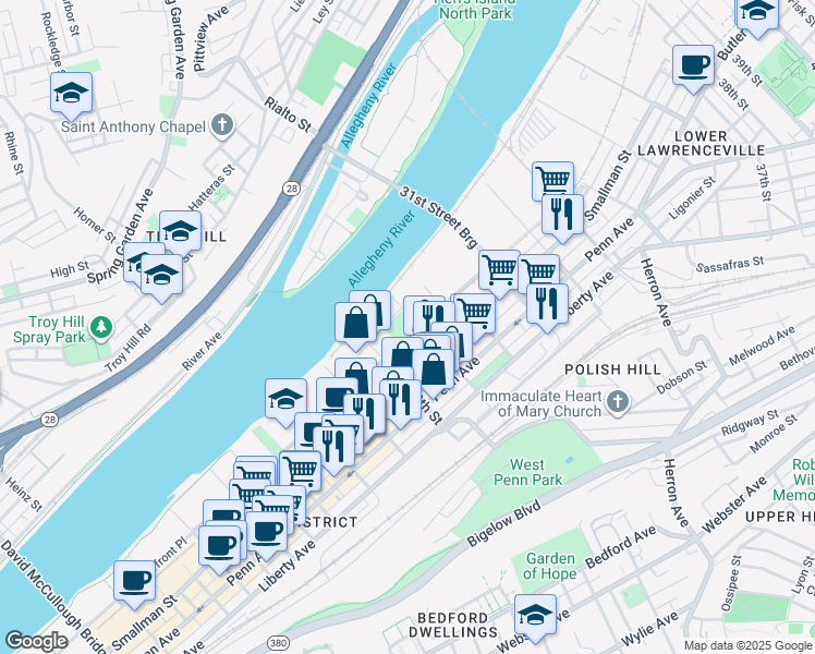 map of restaurants, bars, coffee shops, grocery stores, and more near 2875 Railroad Street in Pittsburgh