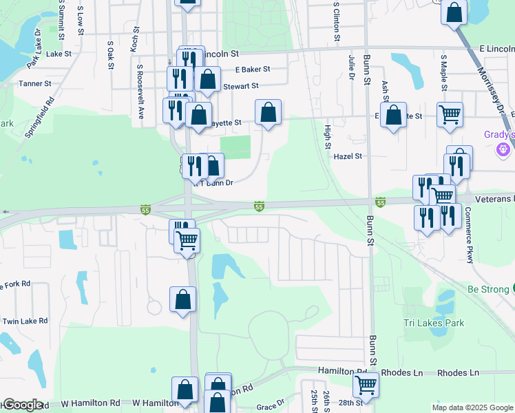 map of restaurants, bars, coffee shops, grocery stores, and more near South Veterans Parkway in Bloomington