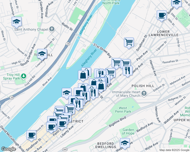 map of restaurants, bars, coffee shops, grocery stores, and more near 2875 Railroad Street in Pittsburgh
