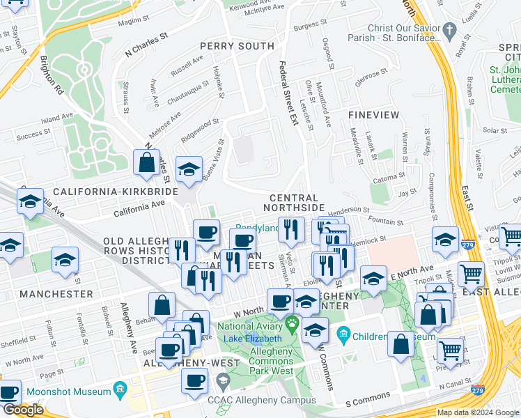 map of restaurants, bars, coffee shops, grocery stores, and more near 240 Jefferson Street in Pittsburgh