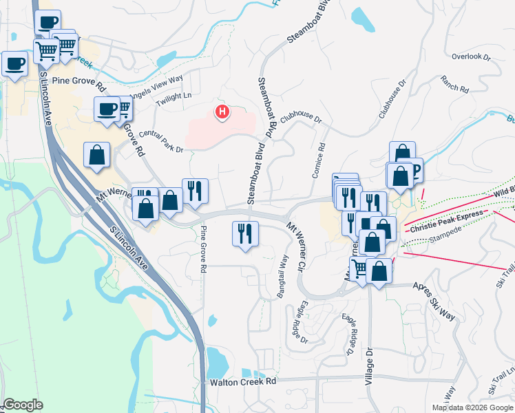 map of restaurants, bars, coffee shops, grocery stores, and more near 1289 Turning Leaf Court in Steamboat Springs