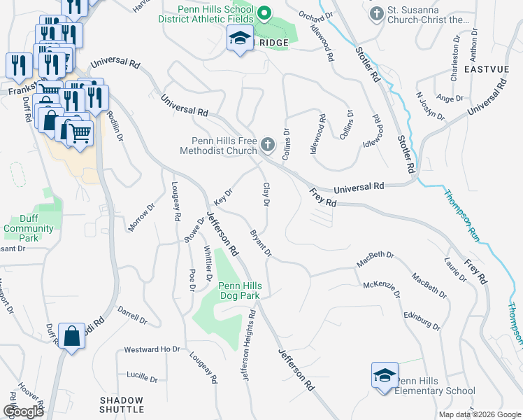 map of restaurants, bars, coffee shops, grocery stores, and more near 150 Clay Drive in Pittsburgh
