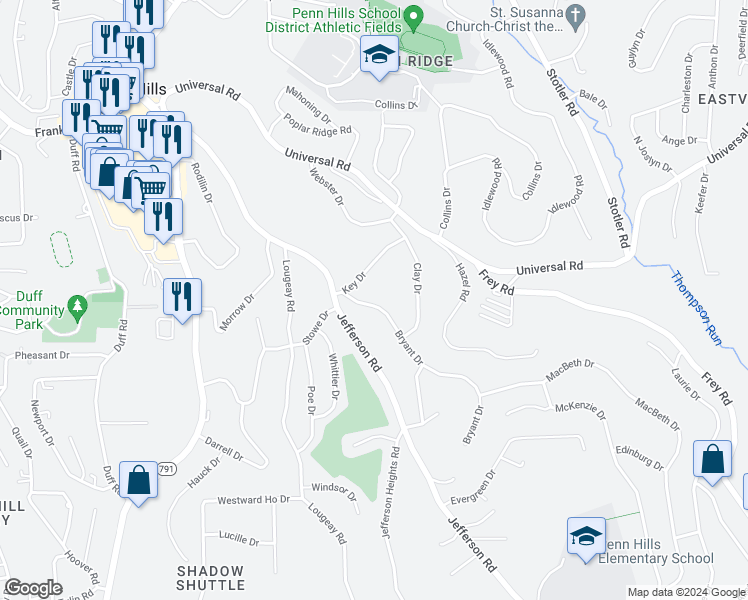 map of restaurants, bars, coffee shops, grocery stores, and more near 129 Bryant Drive in Pittsburgh