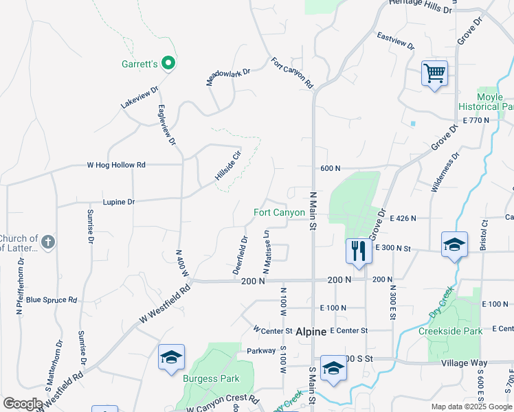 map of restaurants, bars, coffee shops, grocery stores, and more near 461 North Whitby Woodlands Drive in Alpine