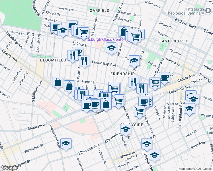 map of restaurants, bars, coffee shops, grocery stores, and more near 401 South Graham Street in Allegheny
