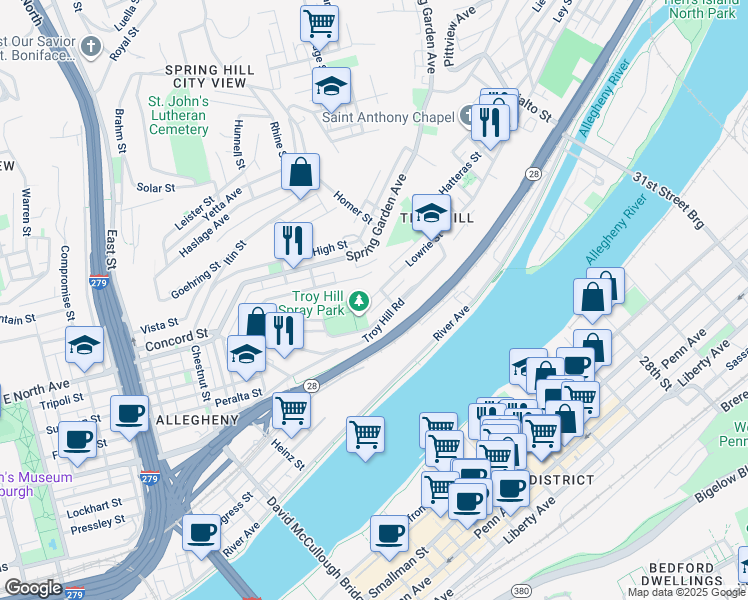 map of restaurants, bars, coffee shops, grocery stores, and more near 1321 Lowrie Street in Pittsburgh
