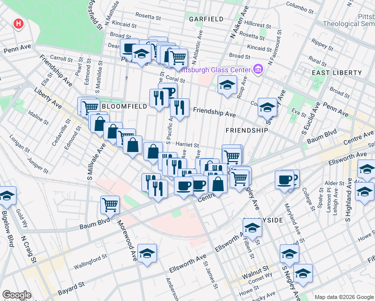map of restaurants, bars, coffee shops, grocery stores, and more near 402 South Atlantic Avenue in Pittsburgh