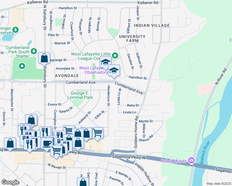map of restaurants, bars, coffee shops, grocery stores, and more near 2759-2999 Linda Ln W in West Lafayette