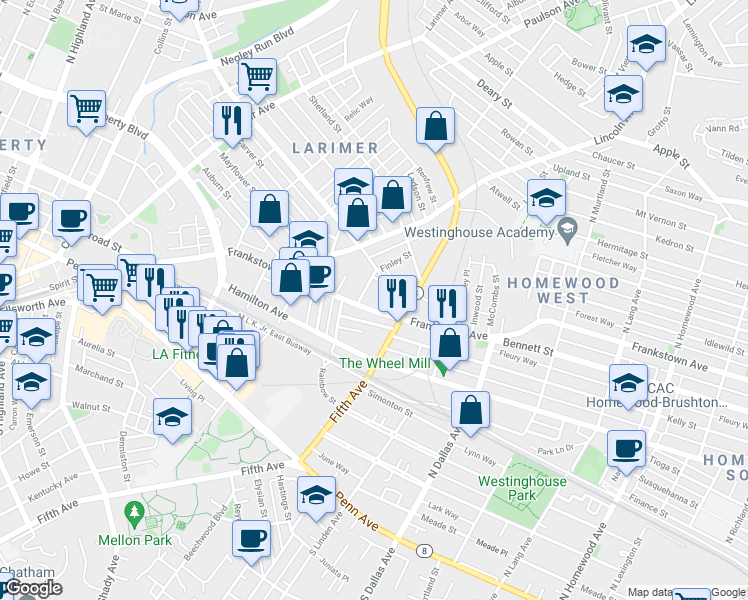 map of restaurants, bars, coffee shops, grocery stores, and more near 117 Finley Street in Pittsburgh