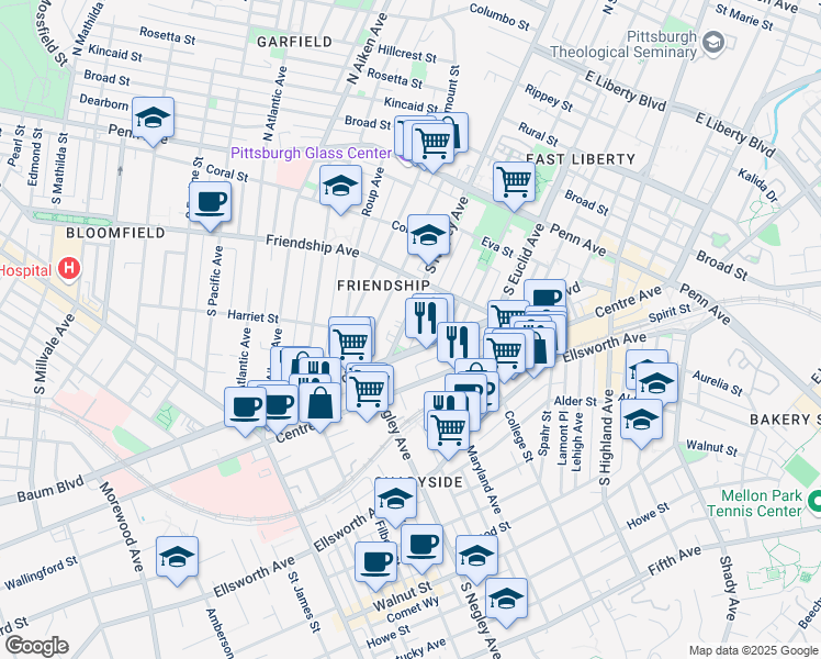 map of restaurants, bars, coffee shops, grocery stores, and more near 358 South Negley Avenue in Pittsburgh