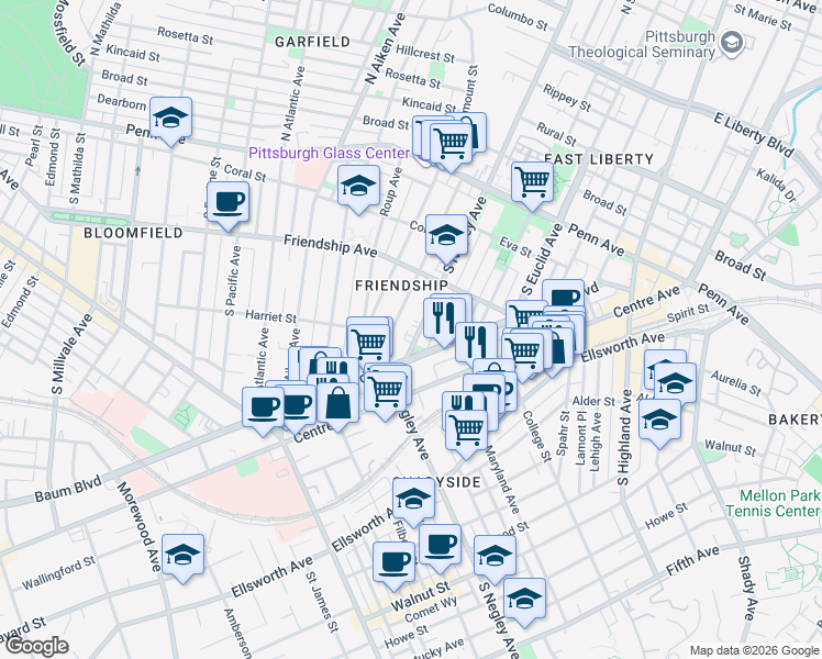 map of restaurants, bars, coffee shops, grocery stores, and more near 358 South Negley Avenue in Pittsburgh
