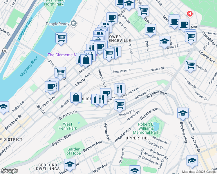 map of restaurants, bars, coffee shops, grocery stores, and more near 3310 Ruthven Street in Pittsburgh