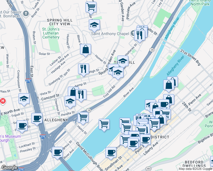 map of restaurants, bars, coffee shops, grocery stores, and more near 1321 Lowrie Street in Pittsburgh
