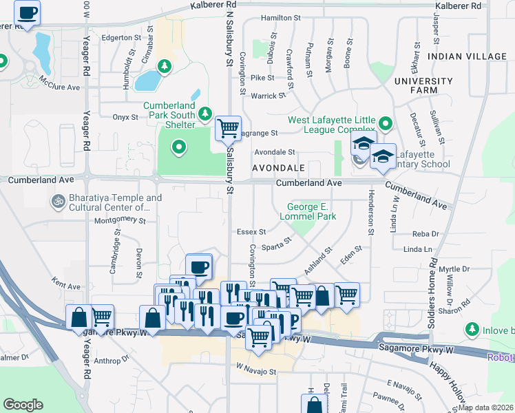 map of restaurants, bars, coffee shops, grocery stores, and more near 2901 Covington Street in West Lafayette