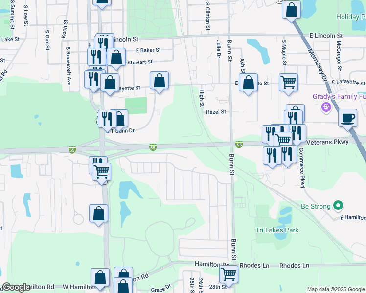 map of restaurants, bars, coffee shops, grocery stores, and more near South Veterans Parkway in Bloomington