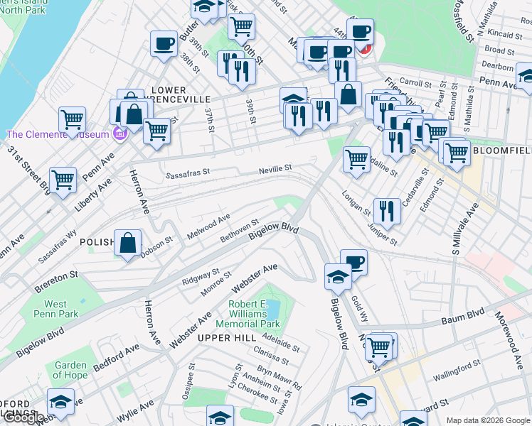 map of restaurants, bars, coffee shops, grocery stores, and more near 3557 Bethoven Street in Pittsburgh