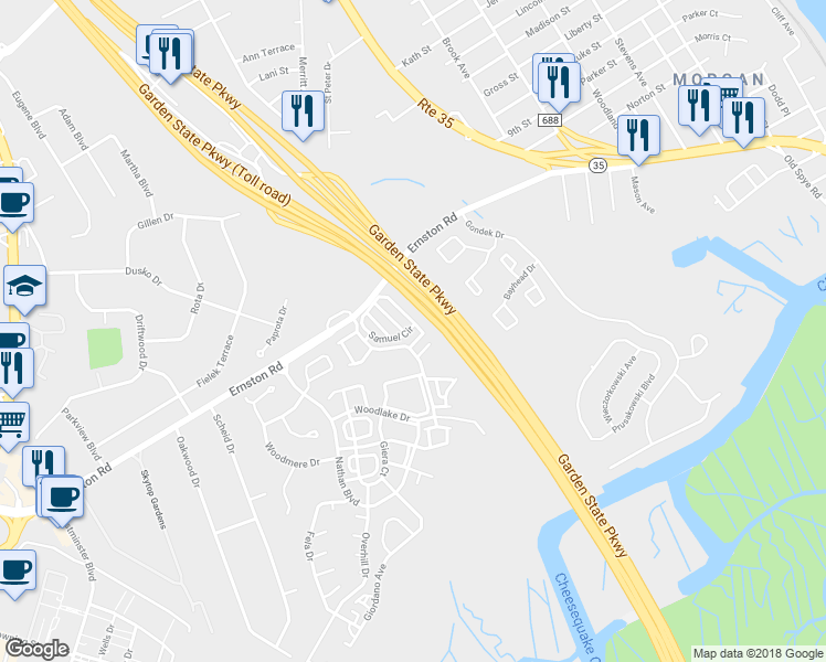 map of restaurants, bars, coffee shops, grocery stores, and more near 163 Samuel Circle in Sayreville