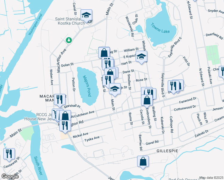 map of restaurants, bars, coffee shops, grocery stores, and more near in Sayreville