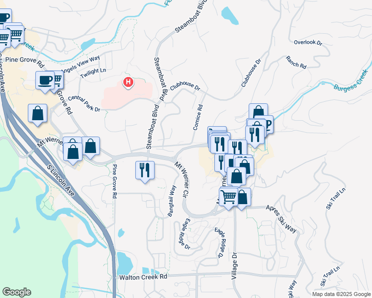 map of restaurants, bars, coffee shops, grocery stores, and more near 2012 Cornice Road in Steamboat Springs