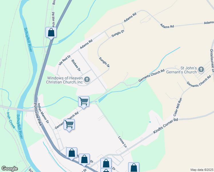 map of restaurants, bars, coffee shops, grocery stores, and more near 68 Adams Road in Leesport