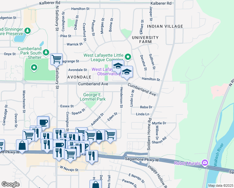 map of restaurants, bars, coffee shops, grocery stores, and more near 607 Essex St in West Lafayette