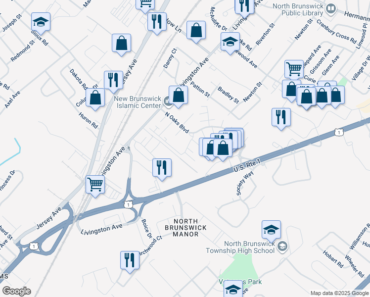 map of restaurants, bars, coffee shops, grocery stores, and more near 1319 North Oaks Boulevard in North Brunswick Township