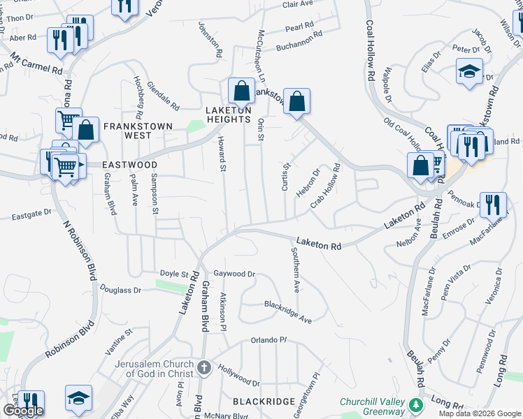map of restaurants, bars, coffee shops, grocery stores, and more near 285 Evaline Street in Penn Hills