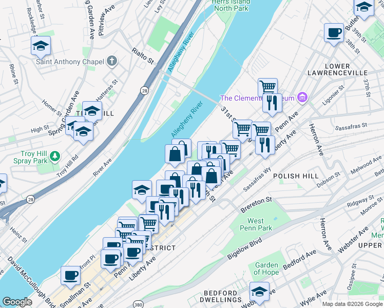 map of restaurants, bars, coffee shops, grocery stores, and more near 2865 Railroad Street in Pittsburgh