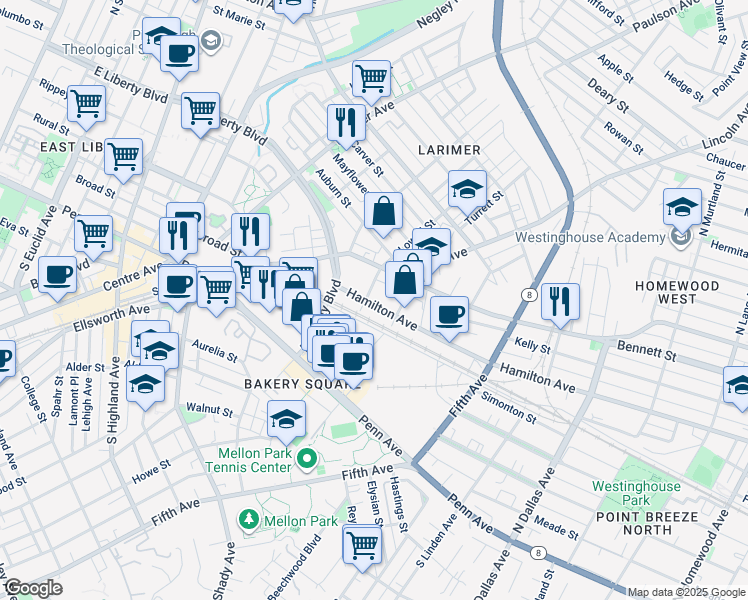 map of restaurants, bars, coffee shops, grocery stores, and more near 6503 Hamilton Avenue in Pittsburgh