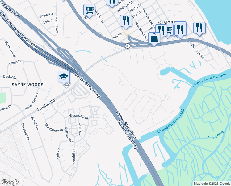 map of restaurants, bars, coffee shops, grocery stores, and more near 2316 Bayhead Drive in Sayreville