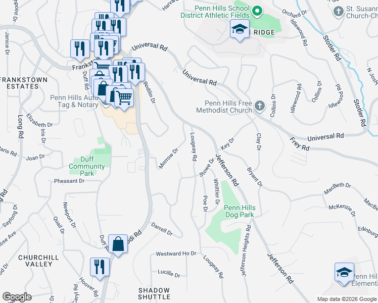 map of restaurants, bars, coffee shops, grocery stores, and more near 144 Lougeay Road in Pittsburgh